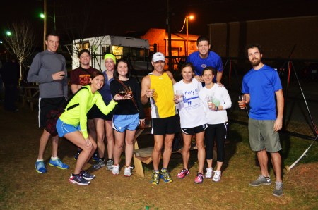 Some of the gang, post-run.  How cool is that, hanging out outside, wearing shorts and singlets?!?  That is Scott the brewmaster far right.  I made sure to befriend him.  You can't go wrong having brewmasters as friends.